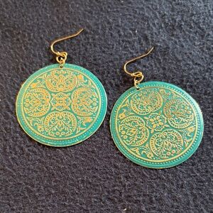 Green and Gold Filigree Round Drop Earrings